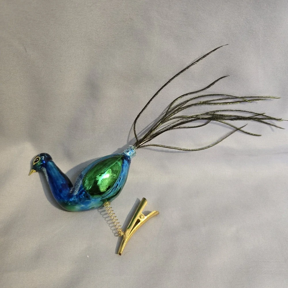 Glass Peacock Clip On Christmas Ornament Glitter Real Partial Tail Feather